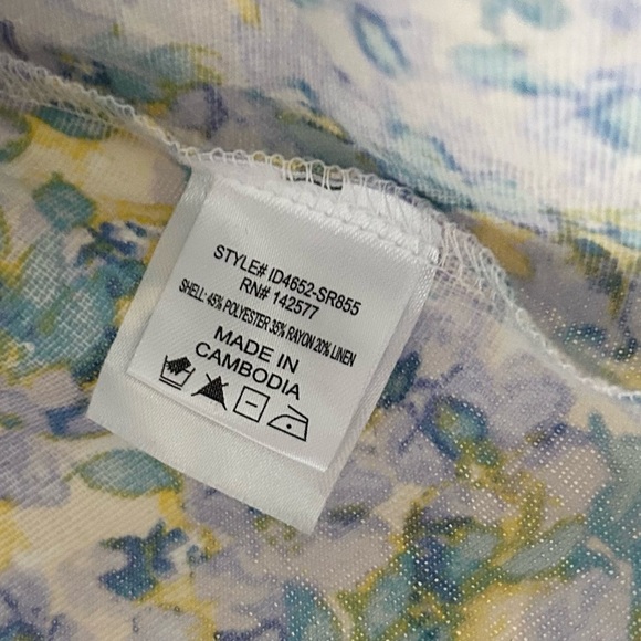 Iris Large Linen Blend Blue & Yellow Cinched Waist Floral Puff Sleeve Dress - Picture 4 of 5